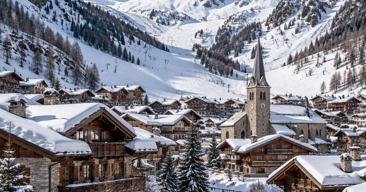 Illustration of a snow-covered Alpine village and chalet roofs inspired by Val d'Isère; not a property photograph