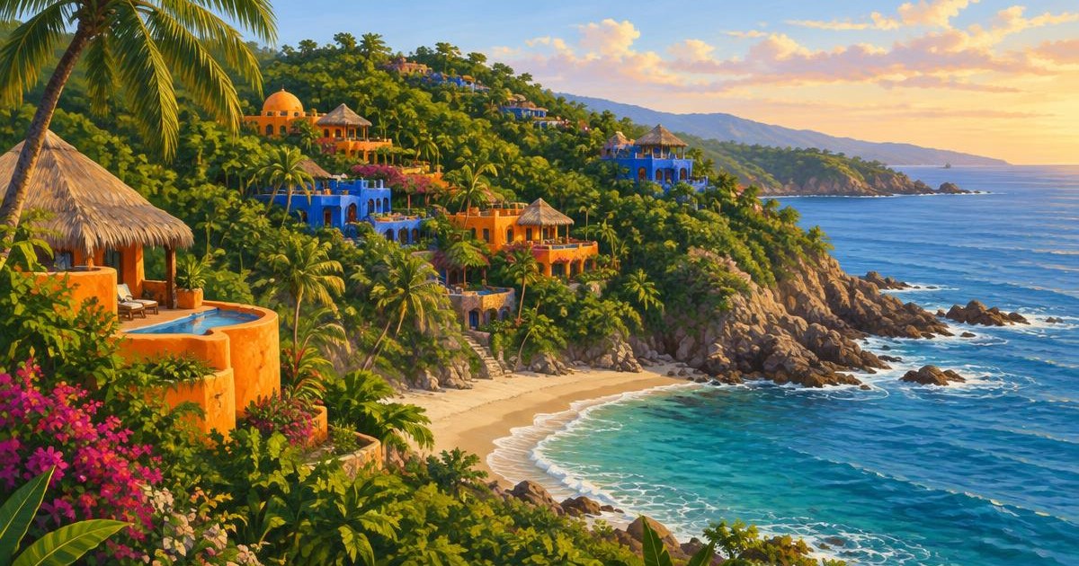 Illustrative image of the Costalegre coast at Careyes with mango and cobalt villas above the Pacific; not a photograph of the destination