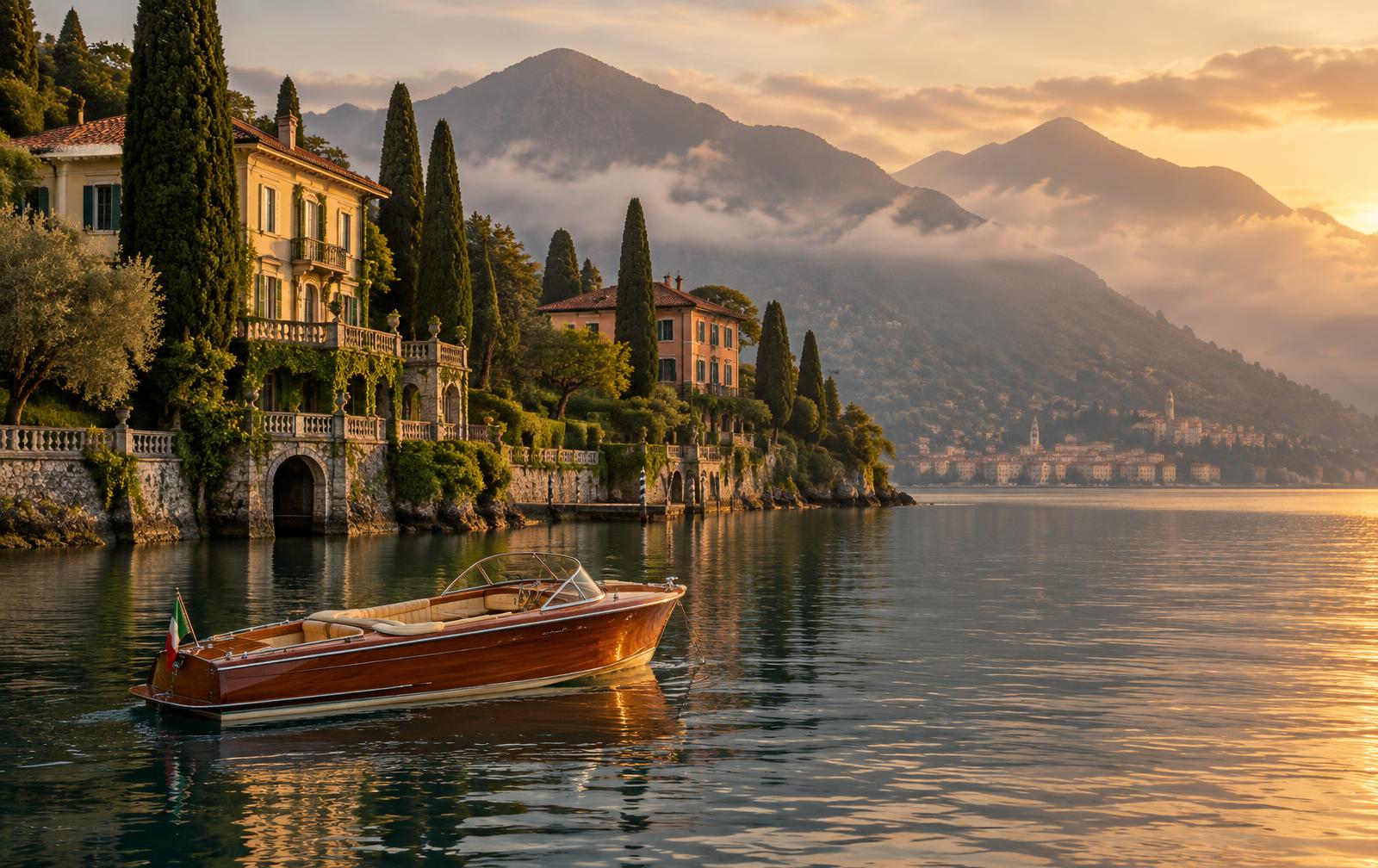 Villas and gardens on the shore of Lake Como beneath wooded mountains