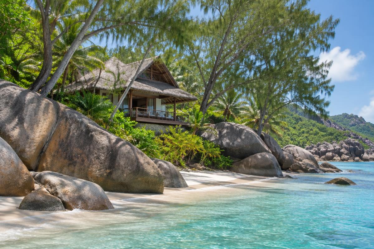 Thatched timber villa behind granite boulders and takamaka trees on the east-coast beach of North Island, Seychelles; illustrative, not a photograph of the listed property