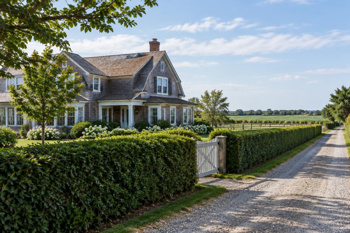 Shingle-style Hamptons house behind privet hedges on a quiet Bridgehampton lane, with potato fields beyond; illustrative, not a photograph of the listed property