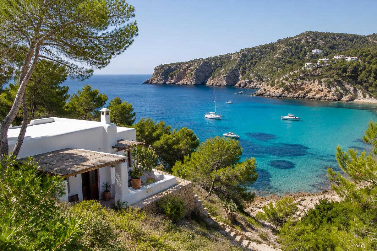 White Ibicenco house among pines above the turquoise cove of Cala Vadella, Ibiza; illustrative, not a photograph of the listed property