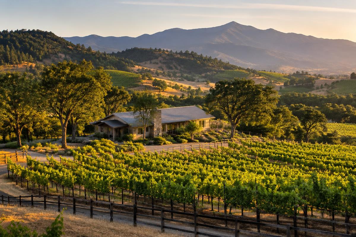 Ranch house among oak-studded hills and vineyards near Calistoga, northern Napa Valley, in golden light; illustrative, not a photograph of the listed property