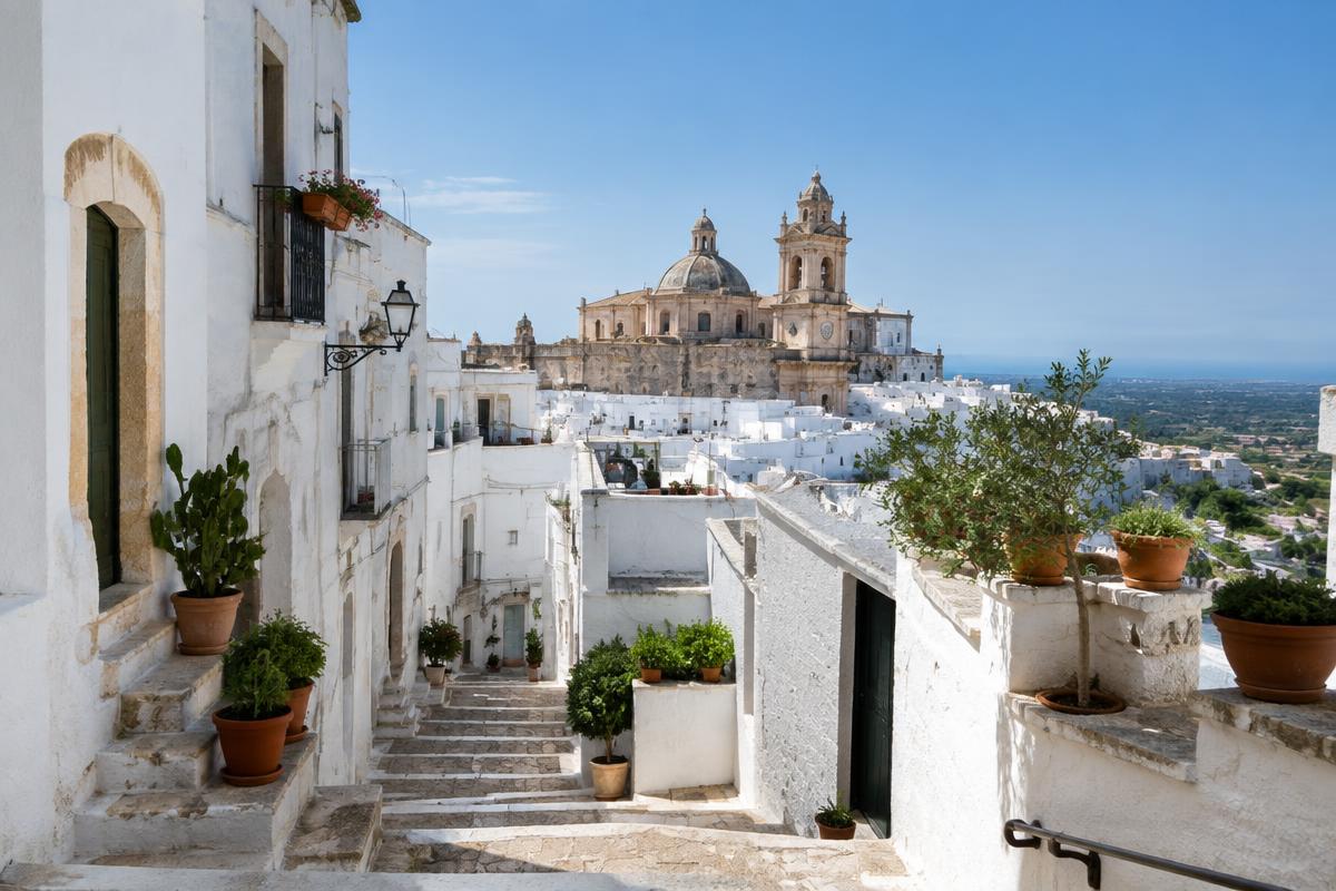 Whitewashed lanes and stairways of Ostuni's centro storico, Puglia, with the cathedral rising above; illustrative, not a photograph of the listed property