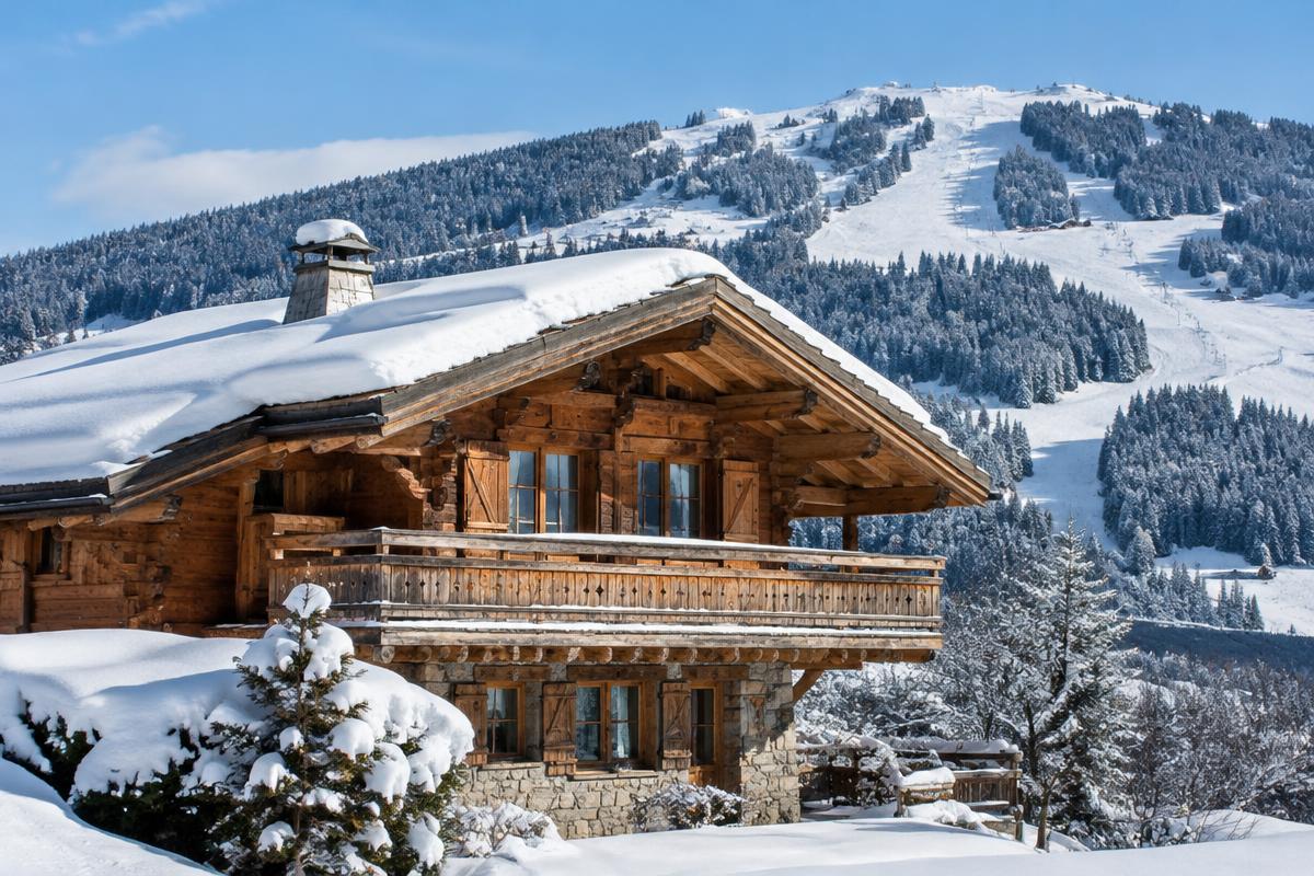 Wooden Savoyard chalet with deep eaves in snowy Megeve, with the Mont d'Arbois slopes behind; illustrative, not a photograph of the listed property