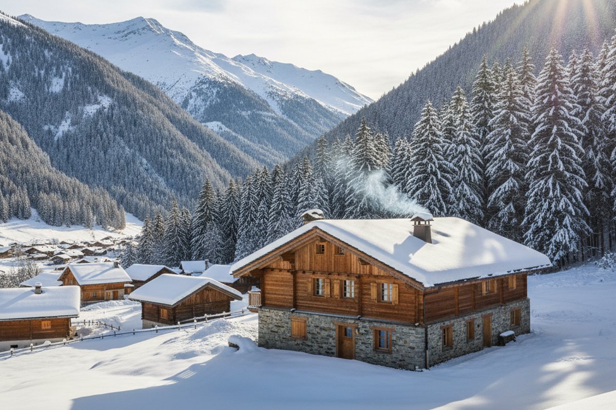 Chalet with stone base and larch upper floors in a snowy hamlet near Megeve, with fir forest; illustrative, not a photograph of the listed property