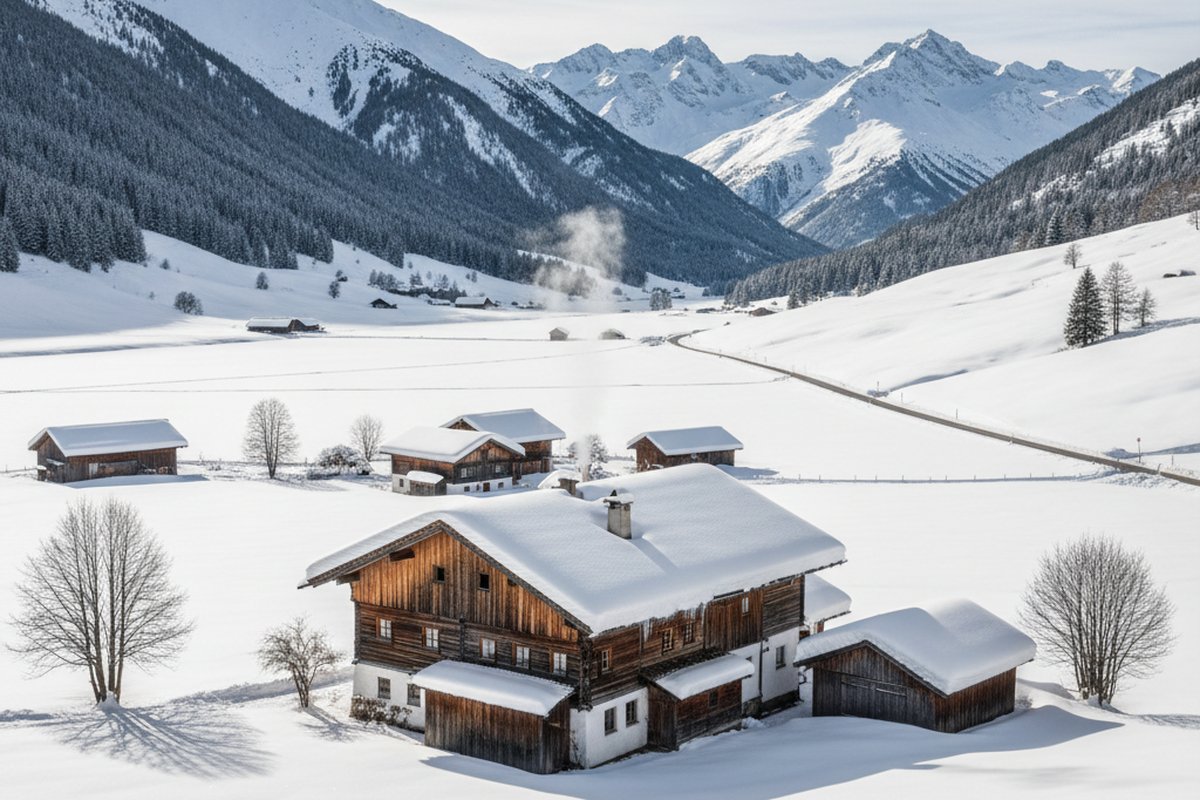 Wooden farmhouse-chalet in the tiny hamlet of Zug near Lech am Arlberg, under snow; illustrative, not a photograph of the listed property