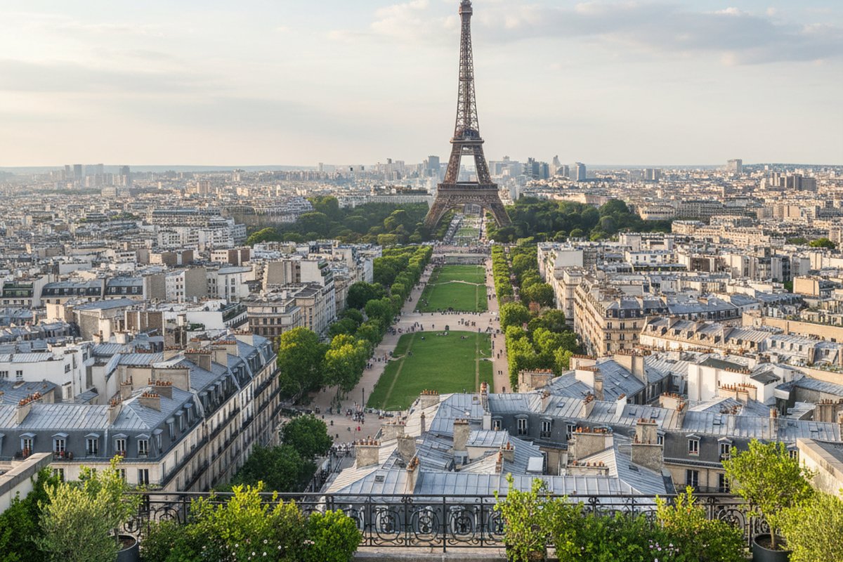 Parisian rooftop terrace in Gros-Caillou looking over zinc roofs to the Eiffel Tower and Champ de Mars; illustrative, not a photograph of the listed property