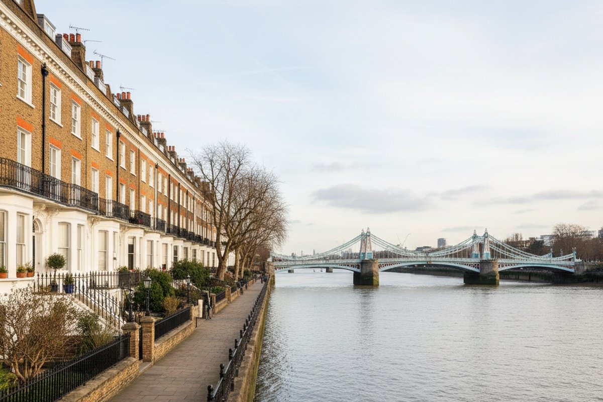 Georgian brick houses on Cheyne Walk, Chelsea, London, facing the Thames and Albert Bridge; illustrative, not a photograph of the listed property