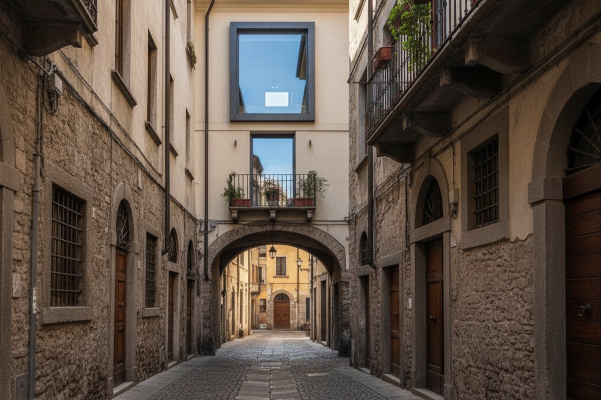 Narrow medieval lanes of the Cinque Vie quarter, Milan, with stone facades and a contemporary loft window; illustrative, not a photograph of the listed property