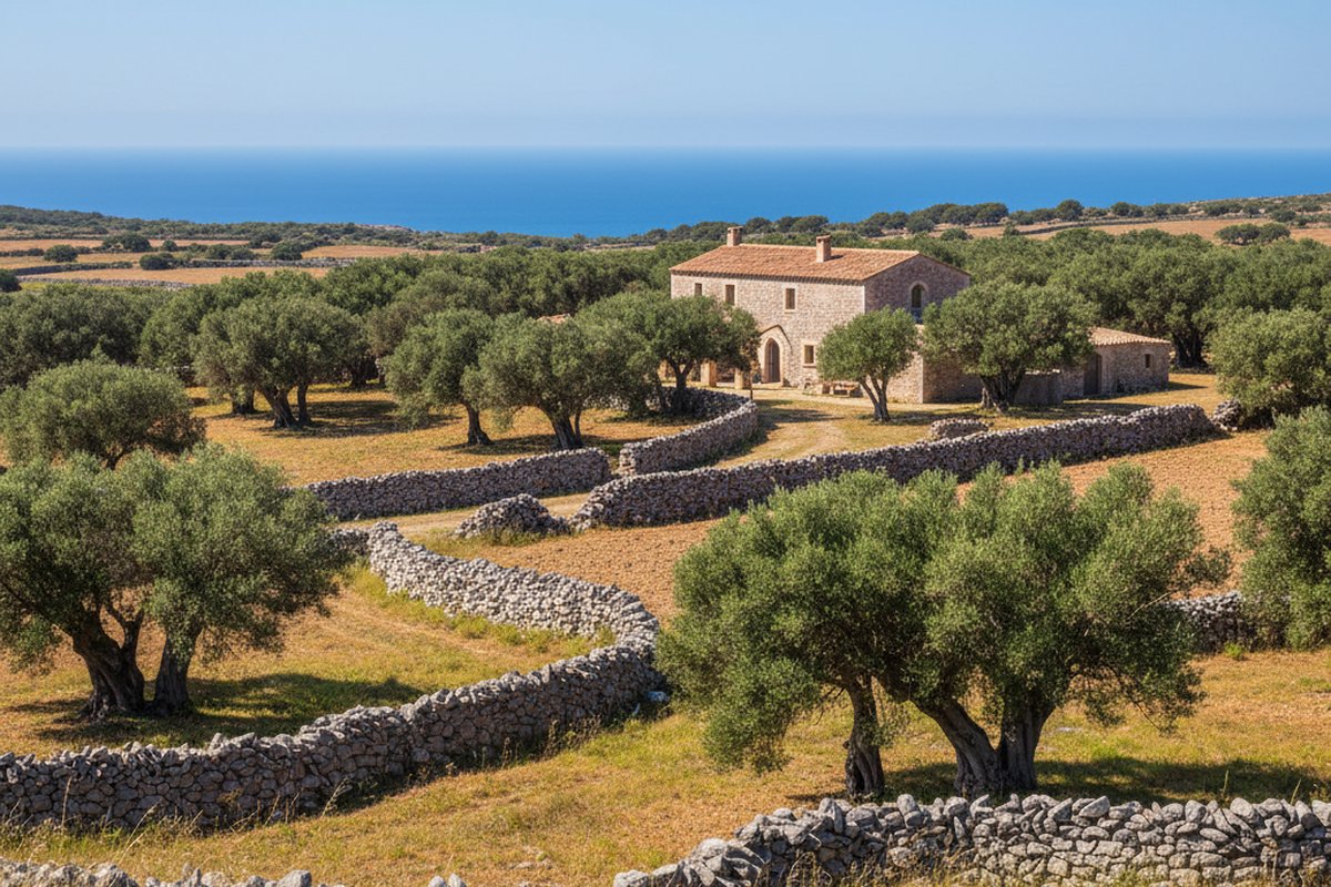 Stone country estate among wild olive trees near Ciutadella, Menorca, with dry-stone walls and sea glimpse; illustrative, not a photograph of the listed property