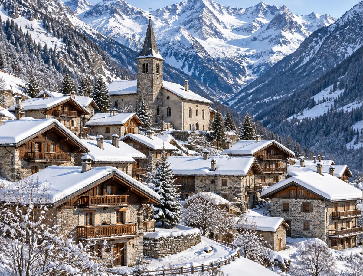 AI-generated destination illustration of a snowy Savoyard village and mountains; not a verified Champagny-en-Vanoise photograph or listed chalet
