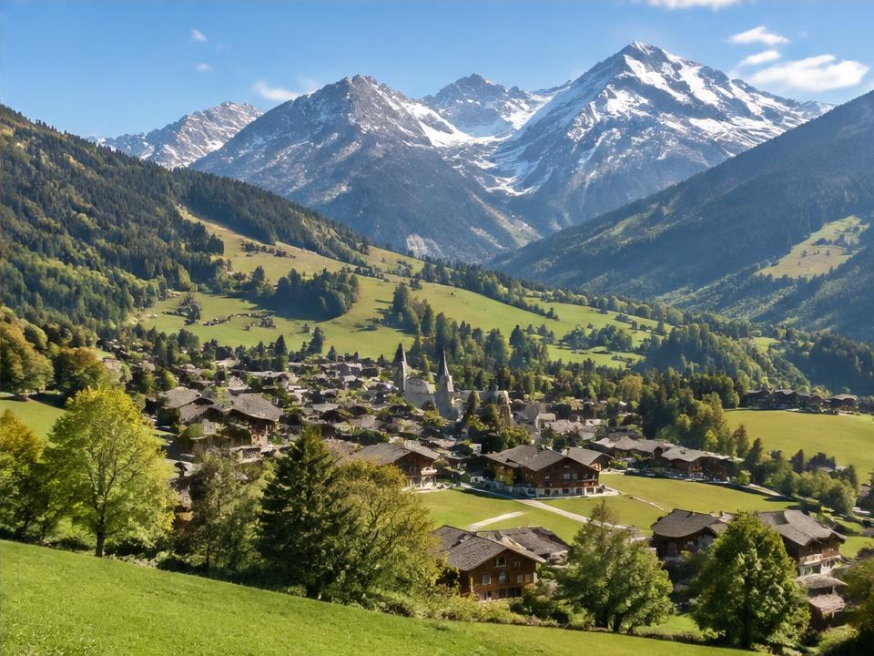 Illustrative destination scene for Gstaad, Switzerland; not a photograph of a listed property