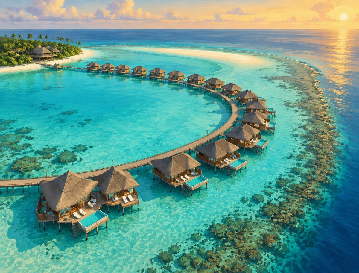 Illustrative aerial destination scene of overwater villas on stilts above a turquoise lagoon and reef; not a verified Maldives photograph or listed property