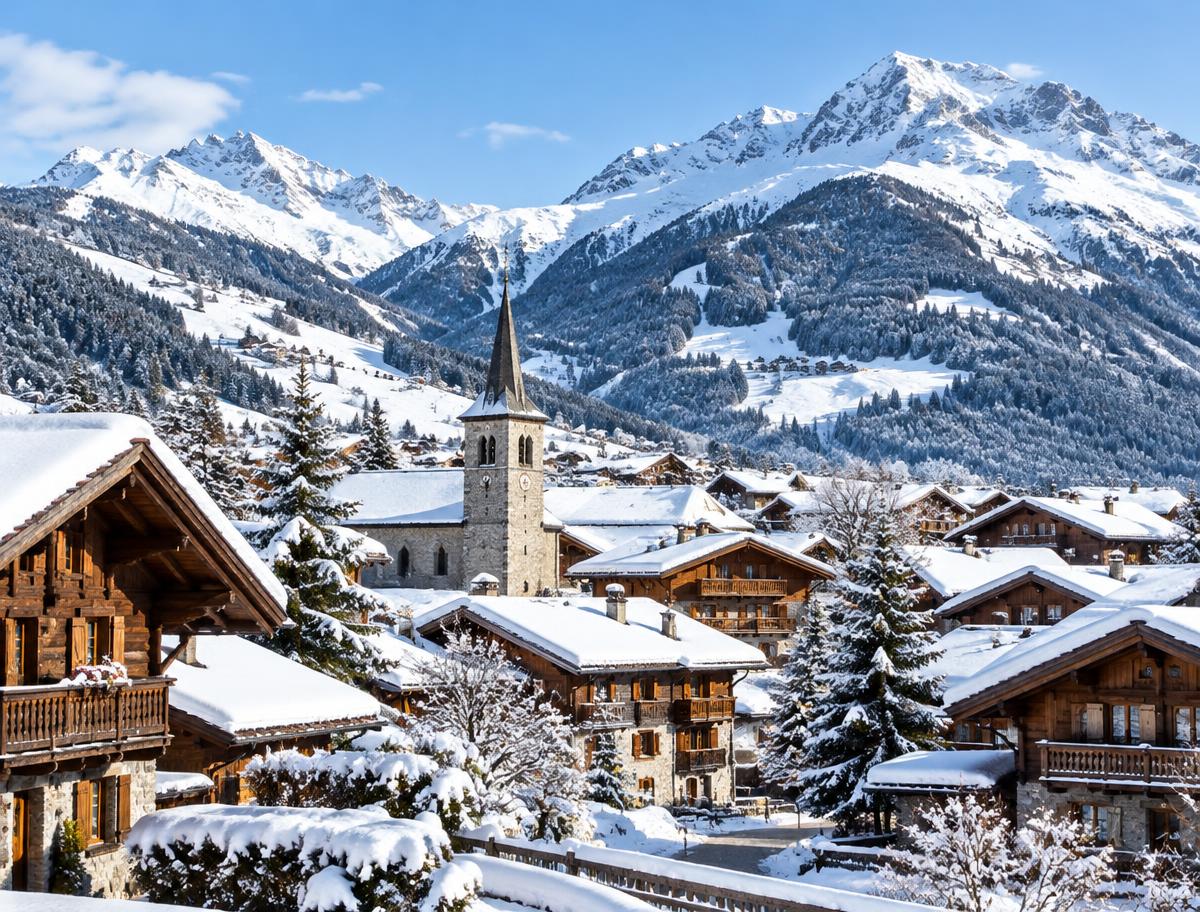Illustrative destination scene of a Haute-Savoie chalet village, church and snowy mountains; not a verified Megève photograph or listed property