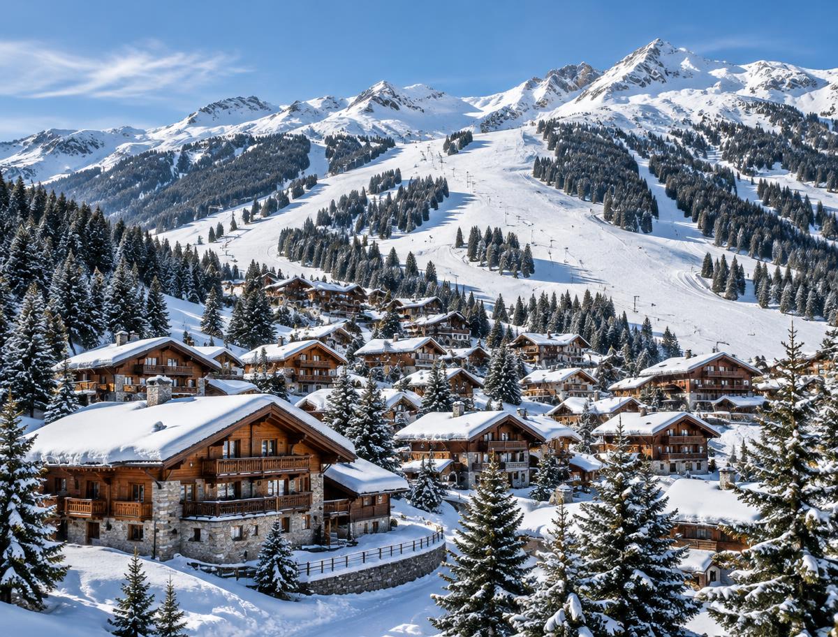 Illustrative destination scene of timber chalets, pine forests and snow-covered ski slopes; not a verified Méribel photograph or listed property