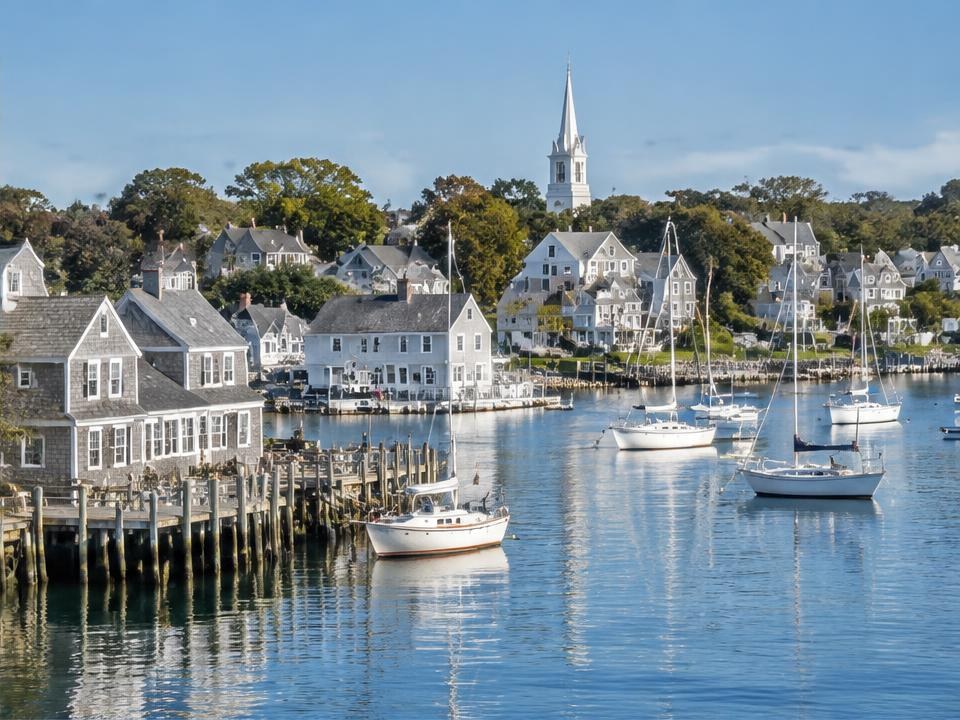Illustrative destination scene of shingled New England waterfront buildings and sailboats; not a verified Nantucket photograph or listed property