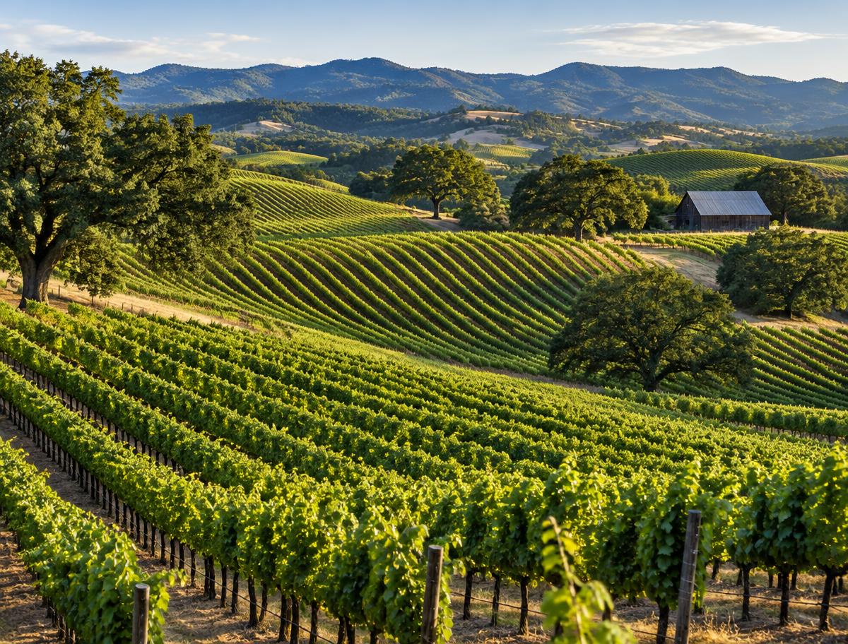 Illustrative destination scene of vineyard rows, oak trees and rolling California hills; not a verified Napa Valley photograph or listed property