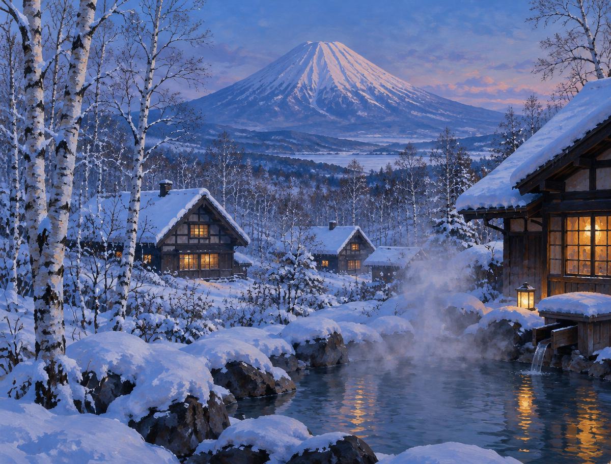 Illustrative destination scene of a snowy volcano, birch forest and steaming hot spring; not a verified Niseko photograph or listed property