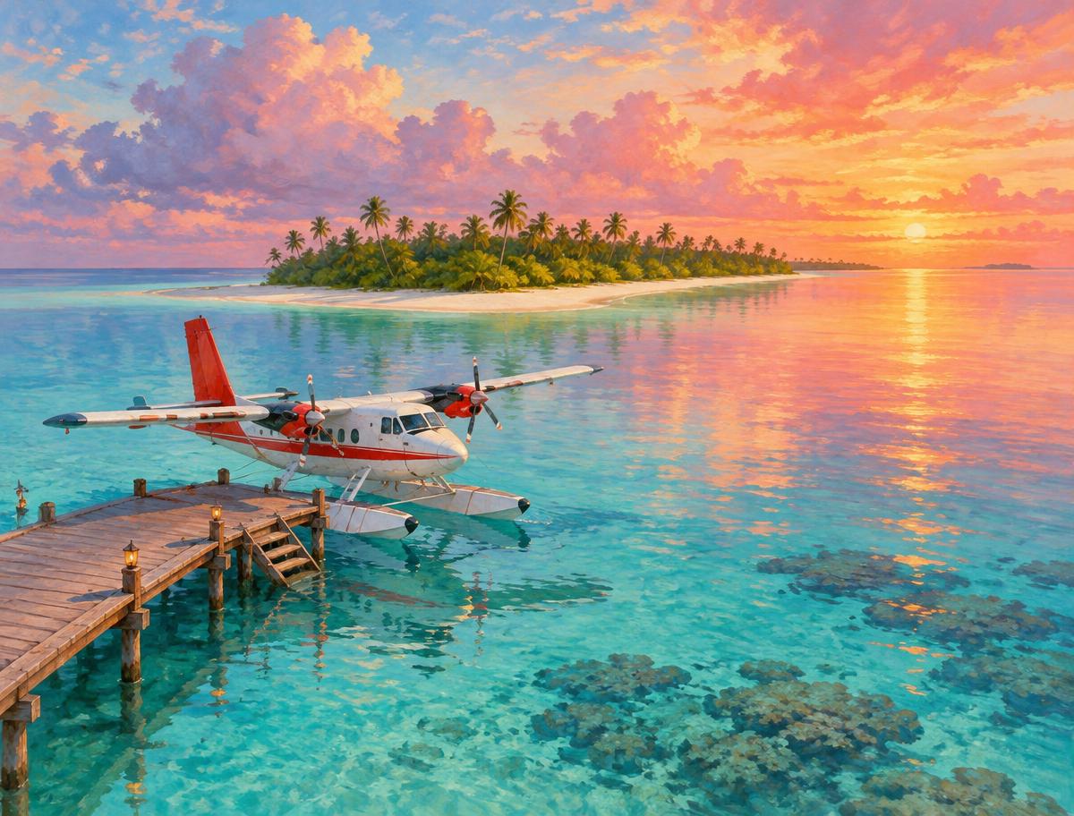 Illustrative destination scene of a seaplane beside a jetty in a sunset lagoon; not a verified Noonu Atoll photograph or listed property