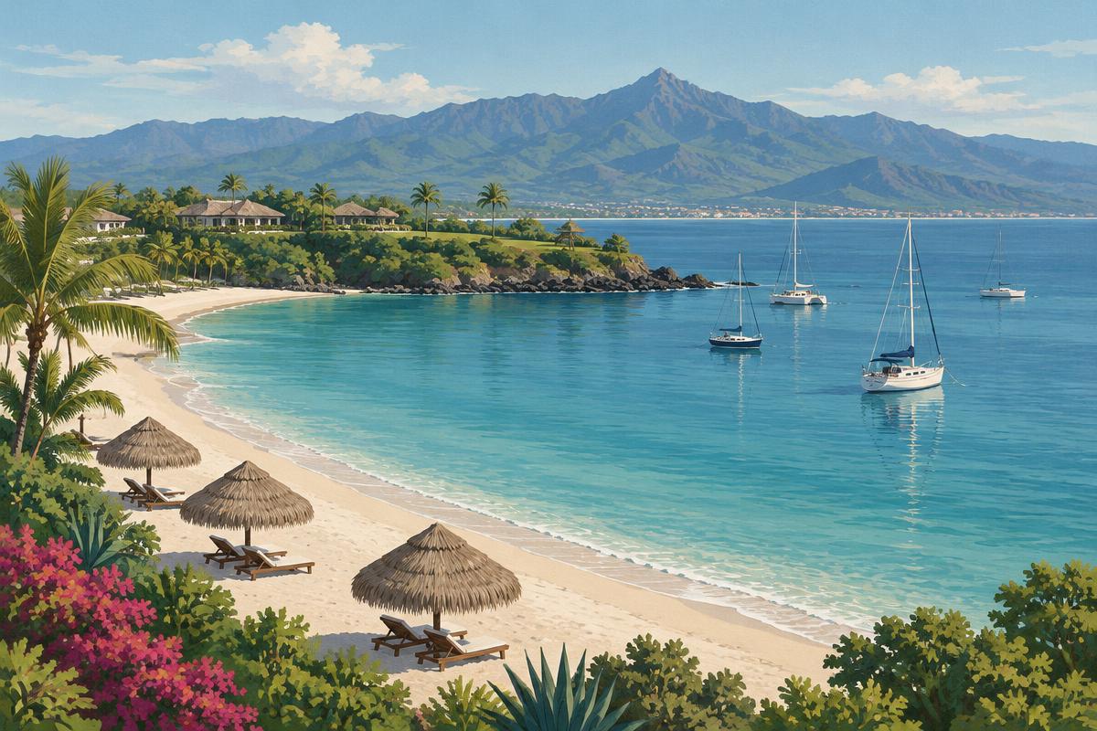 Illustrative destination scene of a calm Pacific cove, palapas and sailing boats; not a verified Punta Mita photograph or listed property