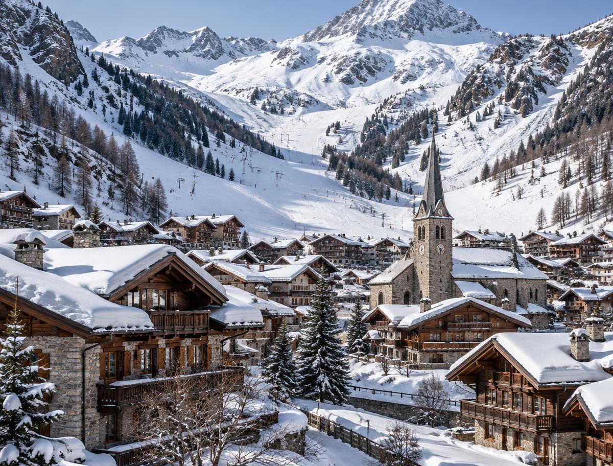 Illustrative destination scene of a snowy Savoyard village and Alpine slopes; not a verified Val d’Isère photograph or listed chalet