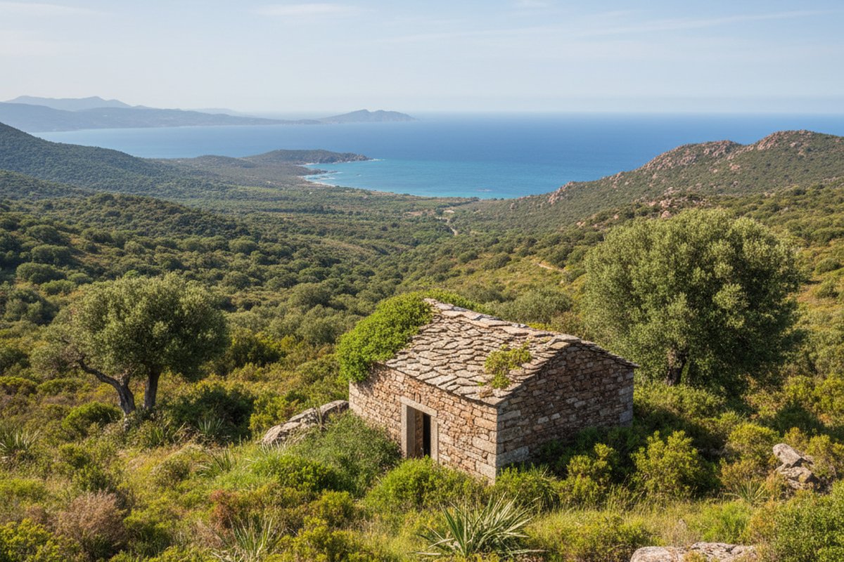 Granite stone bergerie in the maquis of the Ortolo valley near Sartene, southern Corsica, with sea in the distance; illustrative, not a photograph of the listed property