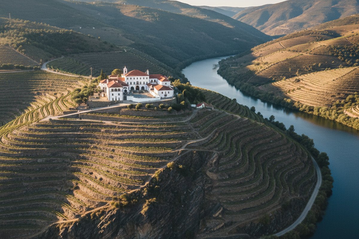 Whitewashed quinta above steep schist vineyard terraces on the Douro River near Pinhao, Portugal; illustrative, not a photograph of the listed property
