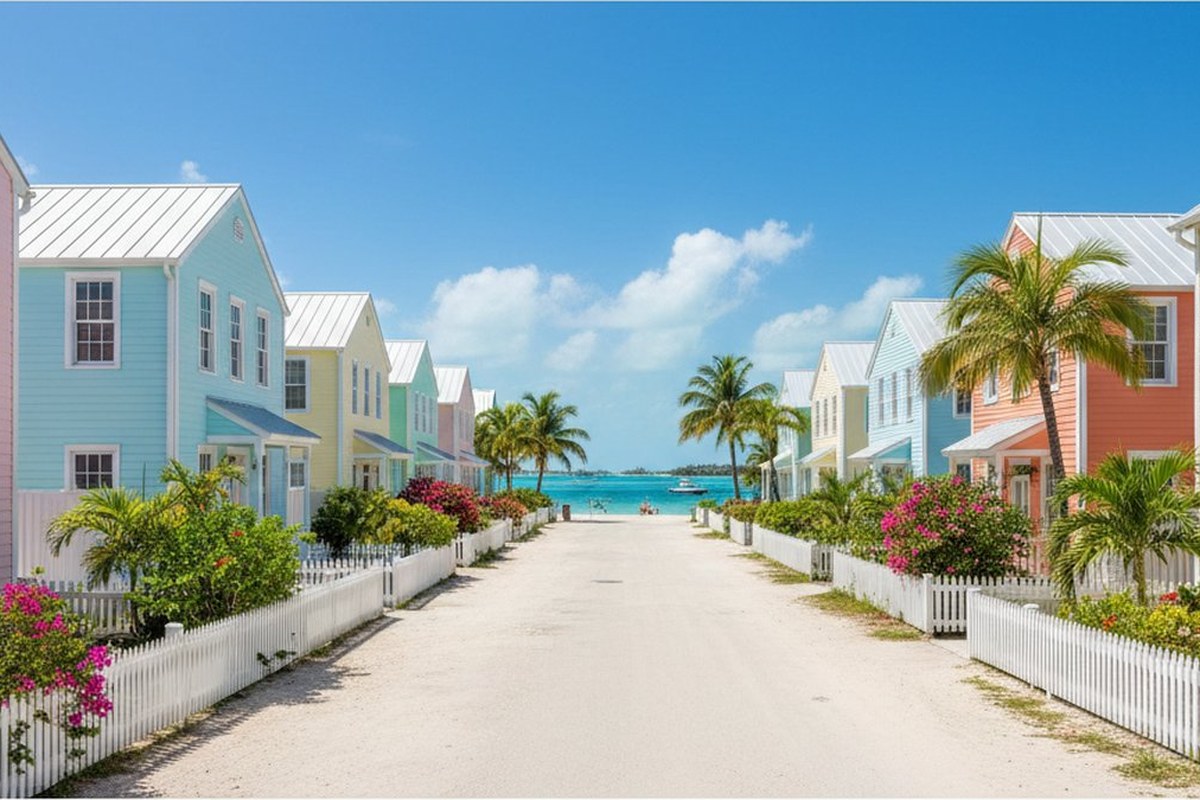 Colourful clapboard colonial houses with picket fences in Dunmore Town, Harbour Island, Bahamas; illustrative, not a photograph of the listed property
