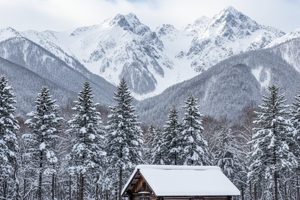Timber lodge among snowy pines in Echoland, Hakuba, with the Northern Japan Alps behind; illustrative, not a photograph of the listed property