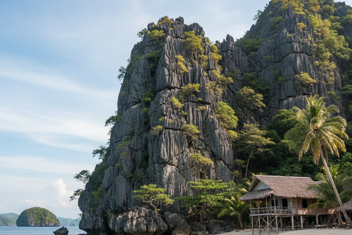 Beach house below limestone karst cliffs on Bacuit Bay, El Nido, Palawan; illustrative, not a photograph of the listed property