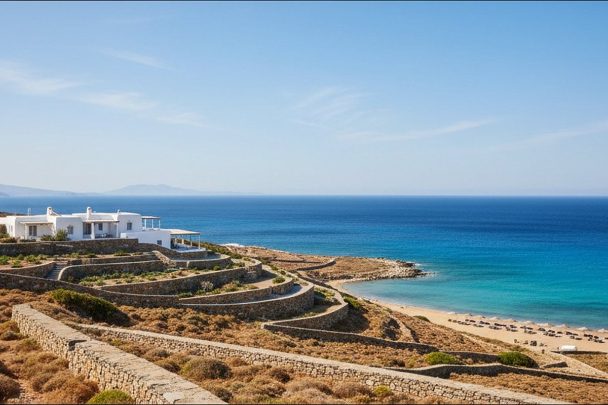 Cycladic estate on a dry hillside above Elia beach, Mykonos, with stone walls and the Aegean below; illustrative, not a photograph of the listed property