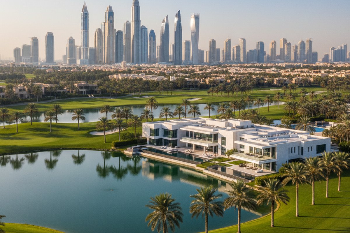 Contemporary mansion beside a golf-course lake in Emirates Hills, Dubai, with palms and the Marina skyline; illustrative, not a photograph of the listed property