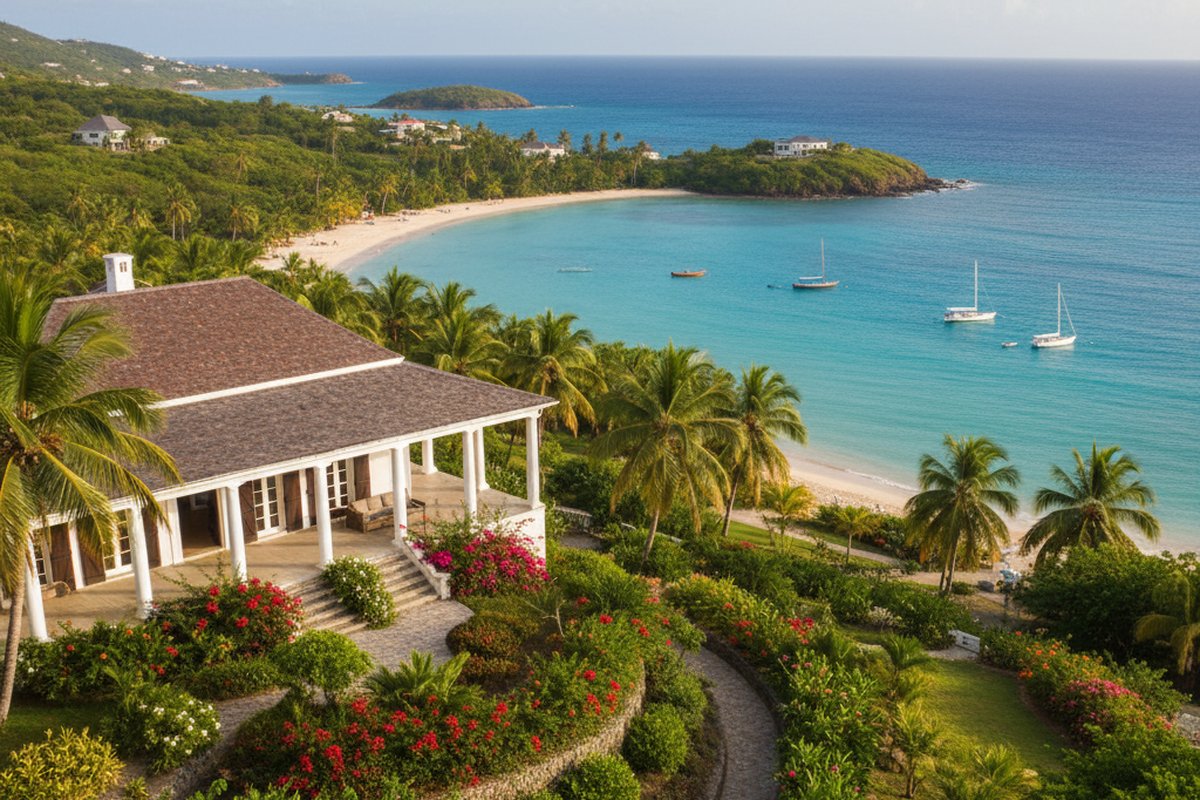 Caribbean villa with wide veranda in tropical gardens above Endeavour Bay, Mustique; illustrative, not a photograph of the listed property