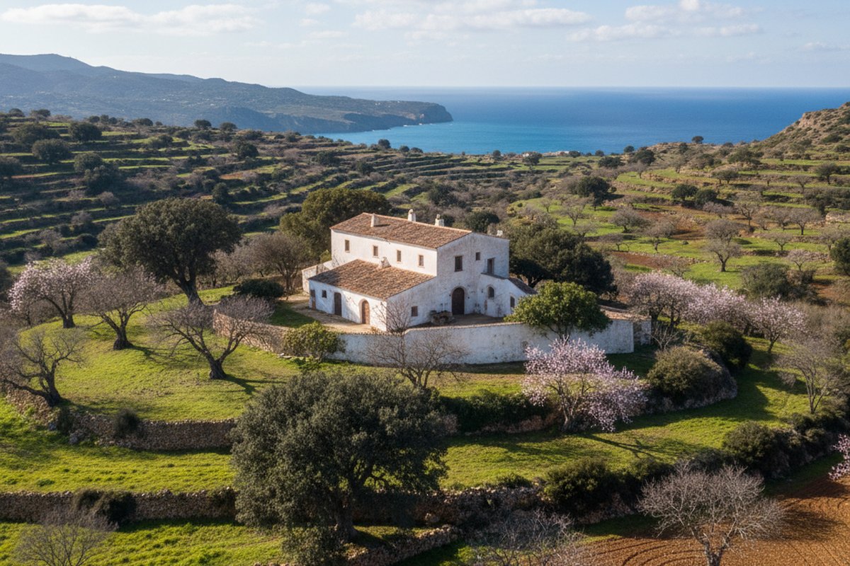 Old whitewashed finca among almond and carob trees in the hills of Sant Joan de Labritja, northern Ibiza; illustrative, not a photograph of the listed property