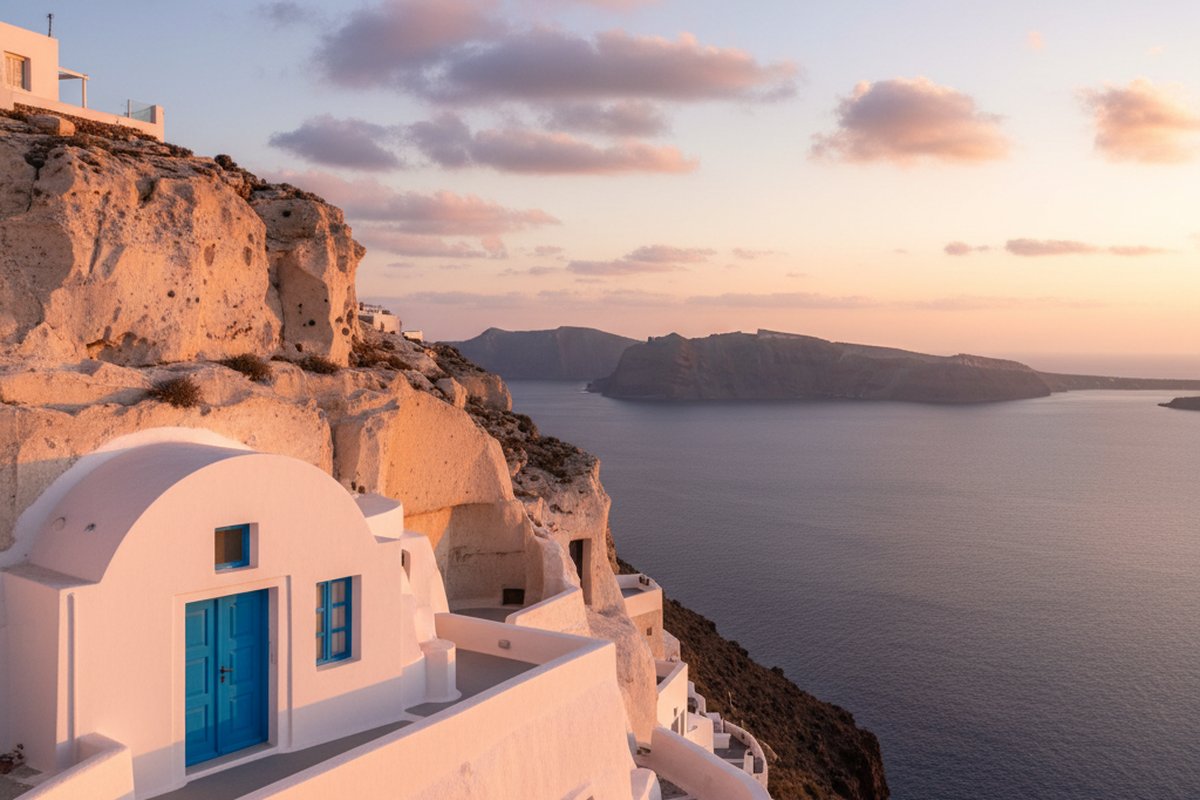 Cave house with blue door carved into the caldera cliff at Firostefani, Santorini, at sunset; illustrative, not a photograph of the listed property