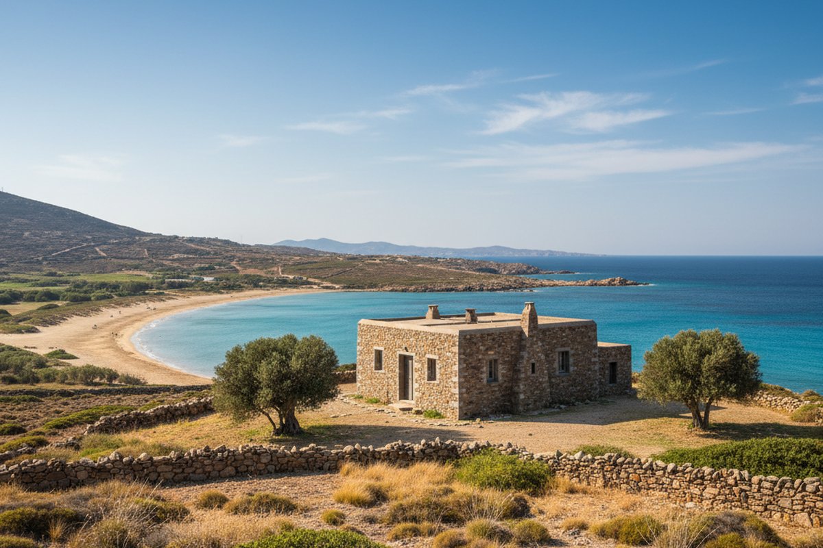Stone farmhouse with dry-stone walls in the wild landscape above Fokos beach, northern Mykonos; illustrative, not a photograph of the listed property