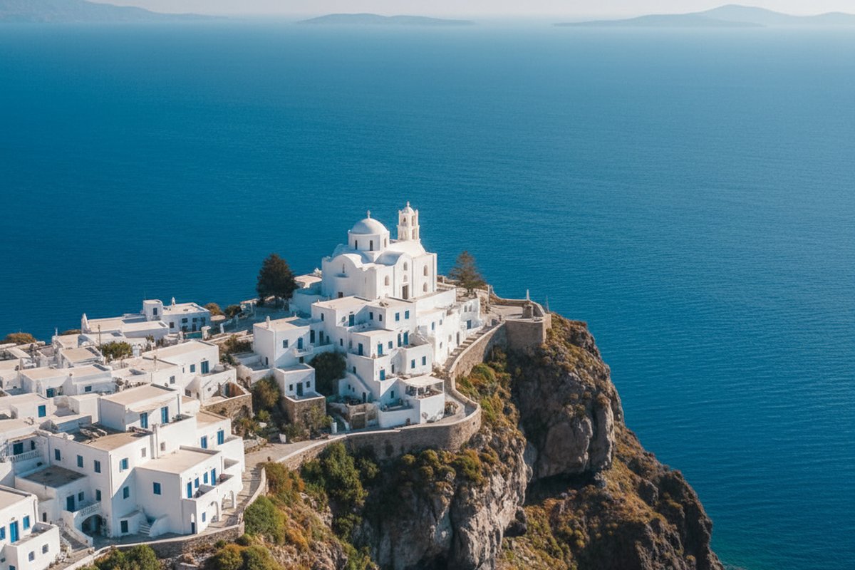 Whitewashed cliff-edge buildings of Chora, Folegandros, with the Panagia church above the Aegean; illustrative, not a photograph of the listed property