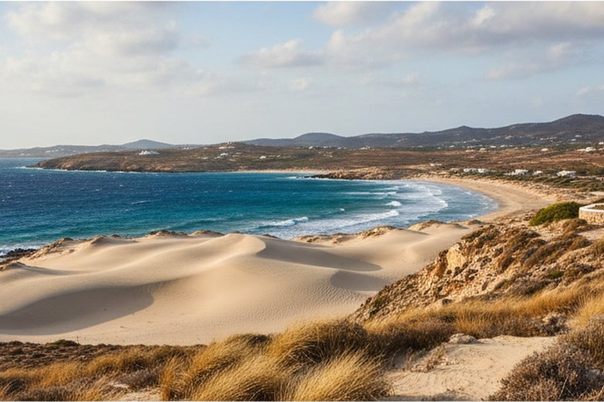 Cycladic house above the windswept sandy bay of Ftelia, Mykonos, with dunes and blue sea; illustrative, not a photograph of the listed property