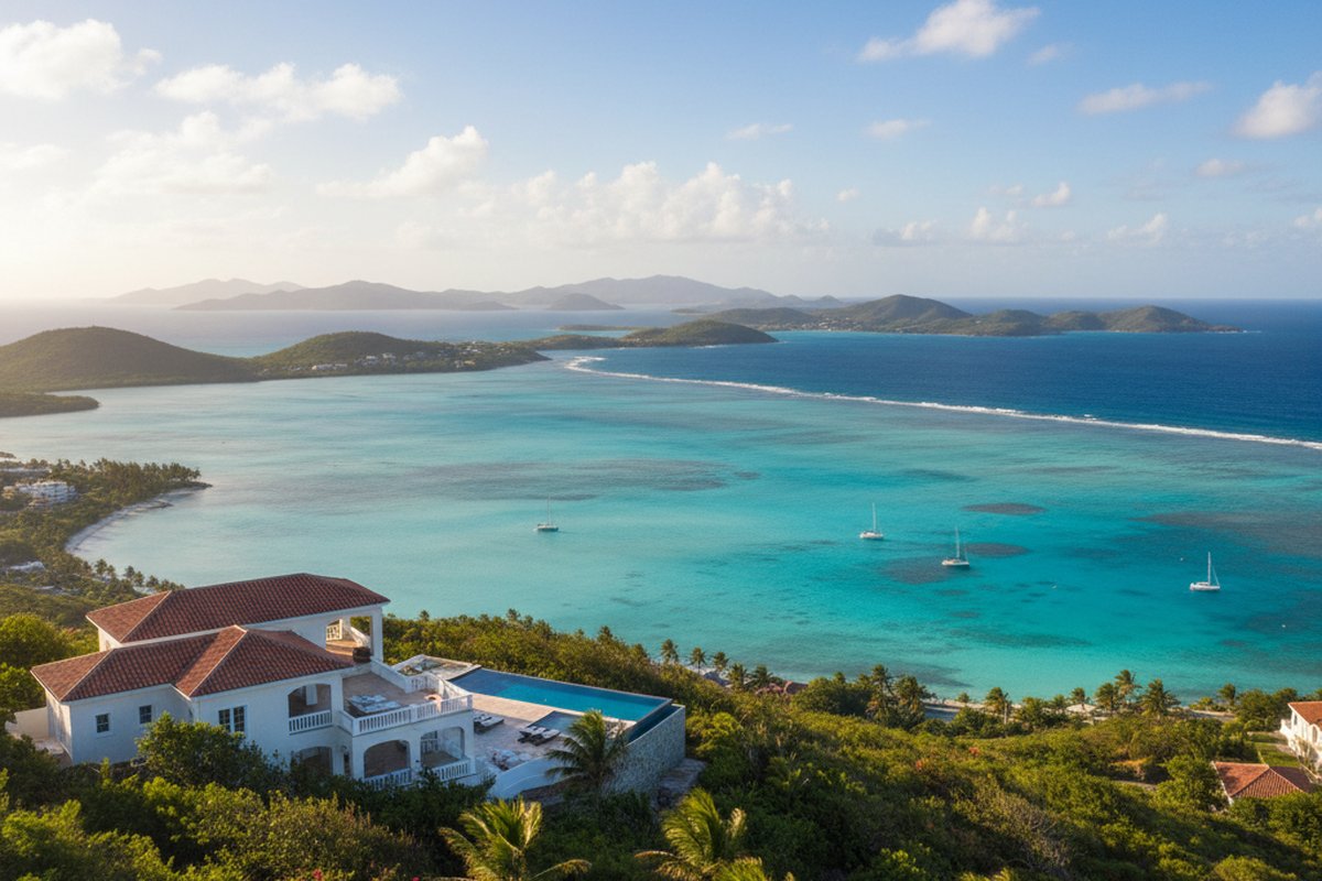 Hilltop Caribbean villa on Canouan's ridge with views over turquoise reef lagoons and the Grenadines; illustrative, not a photograph of the listed property
