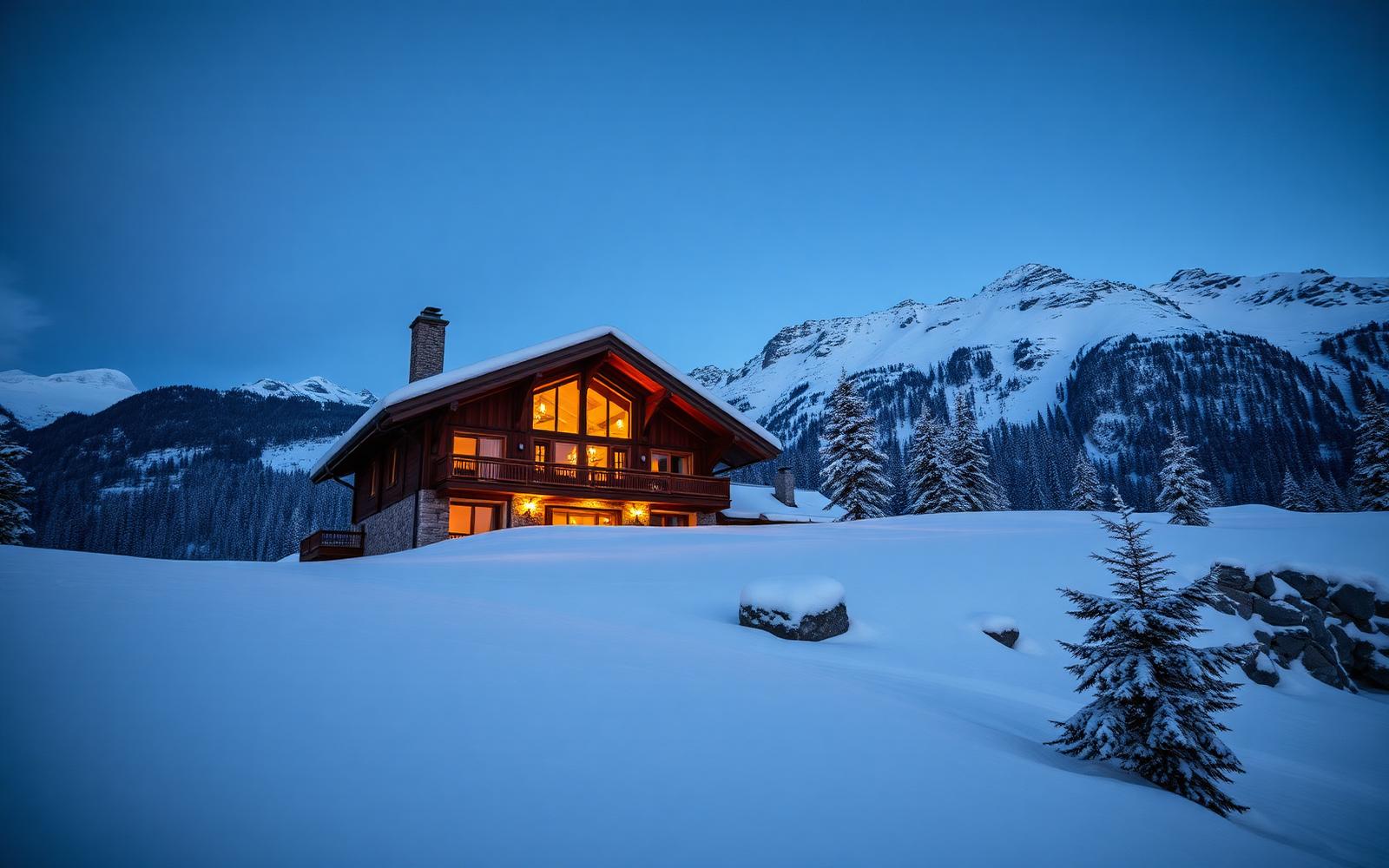 Private alpine chalet lit at dusk in deep snow beneath Swiss peaks