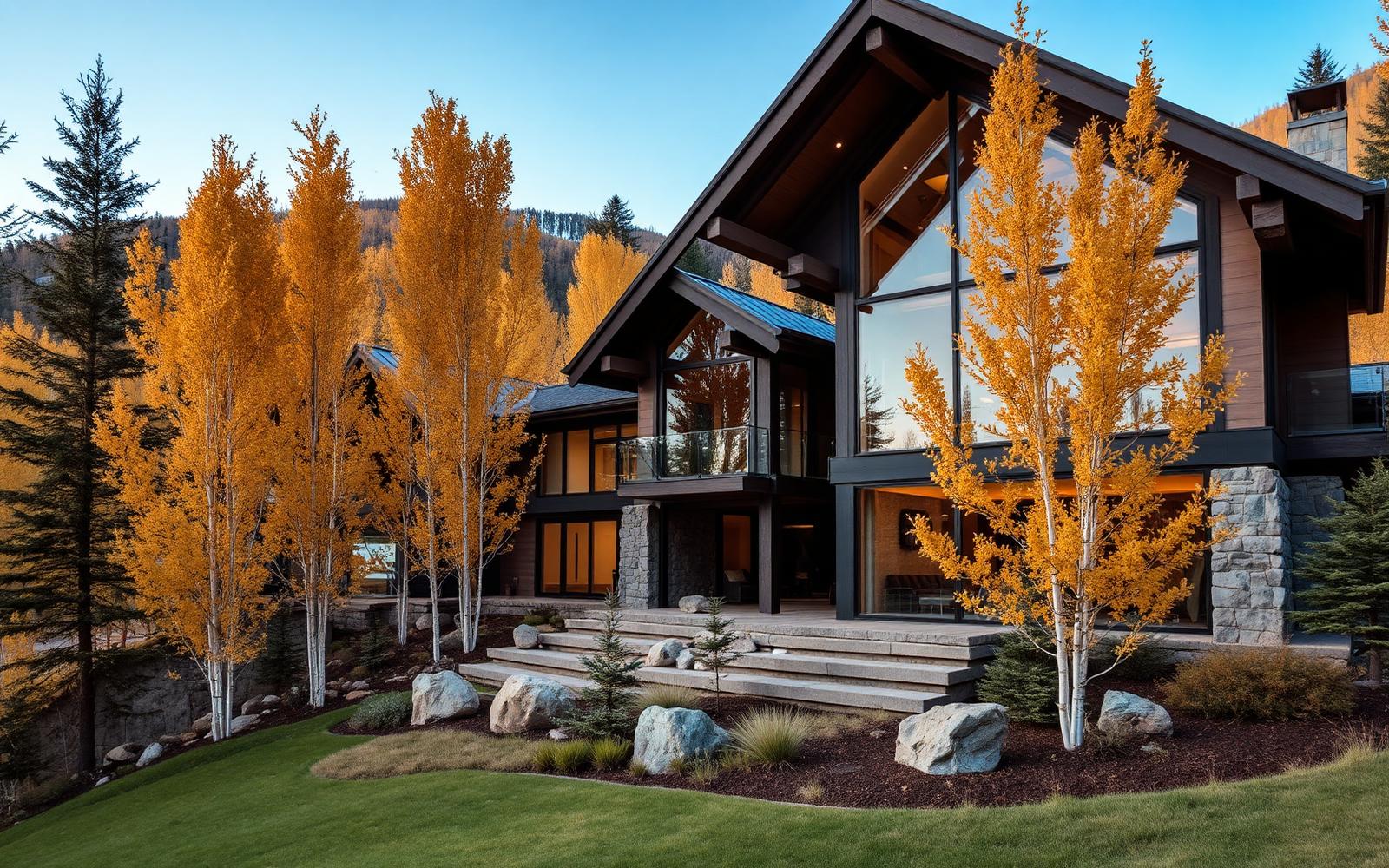 Contemporary mountain estate among golden aspens in the Rockies