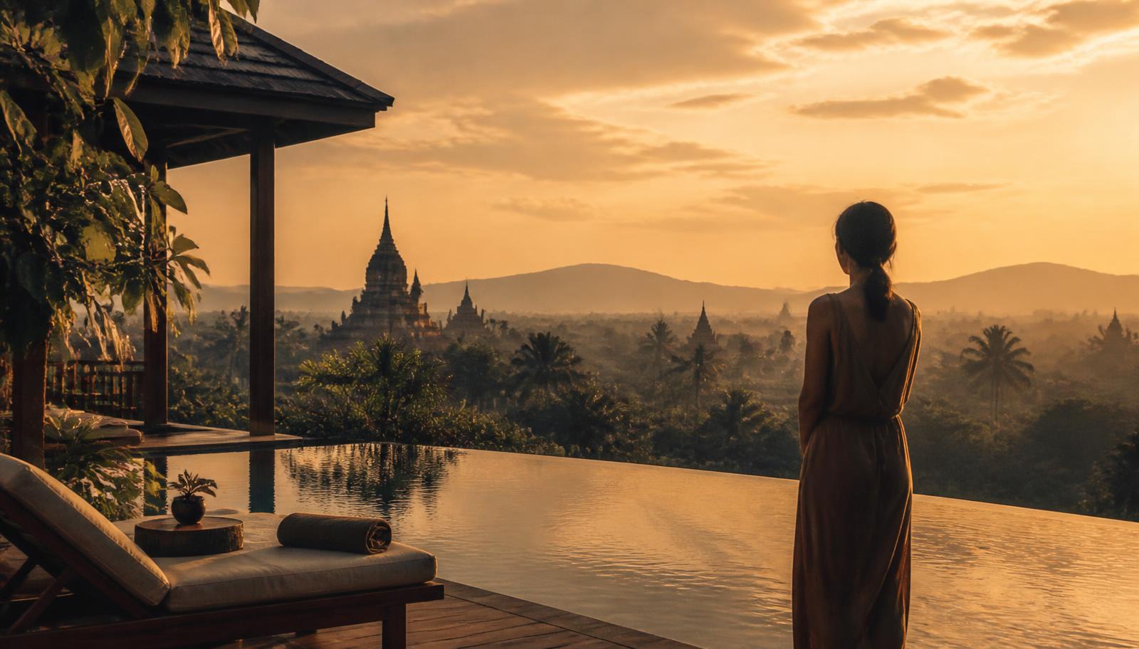 Private villa pool terrace at golden hour above a tropical temple skyline in Asia