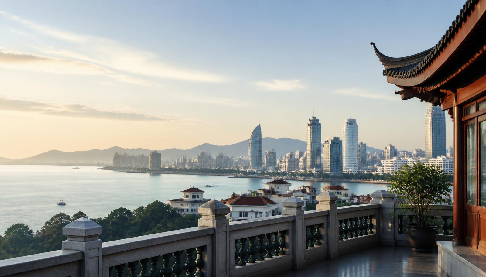An Asian coastal city at first light seen from a quiet terrace — the calm most of the region actually feels like