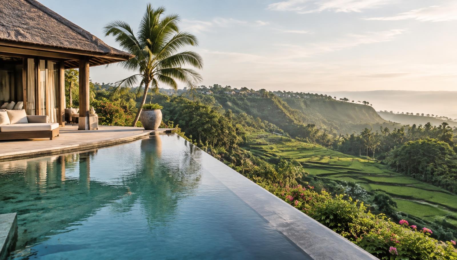 Clifftop Bali villa terrace with an infinity pool above green rice terraces at sunrise