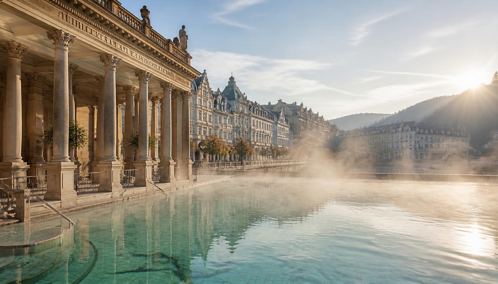 Colonnade and steaming thermal water in a European spa town in autumn — best time to visit Europe's spa towns