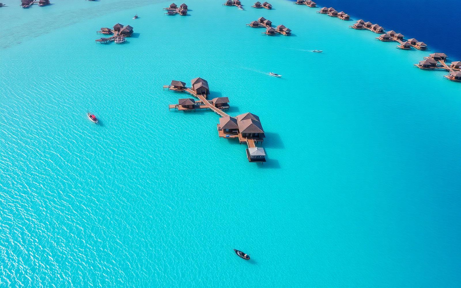 Aerial view of overwater villas on a turquoise atoll