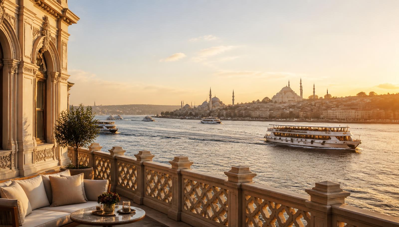 A Bosphorus yali terrace at golden hour with ferries on the strait and minarets beyond