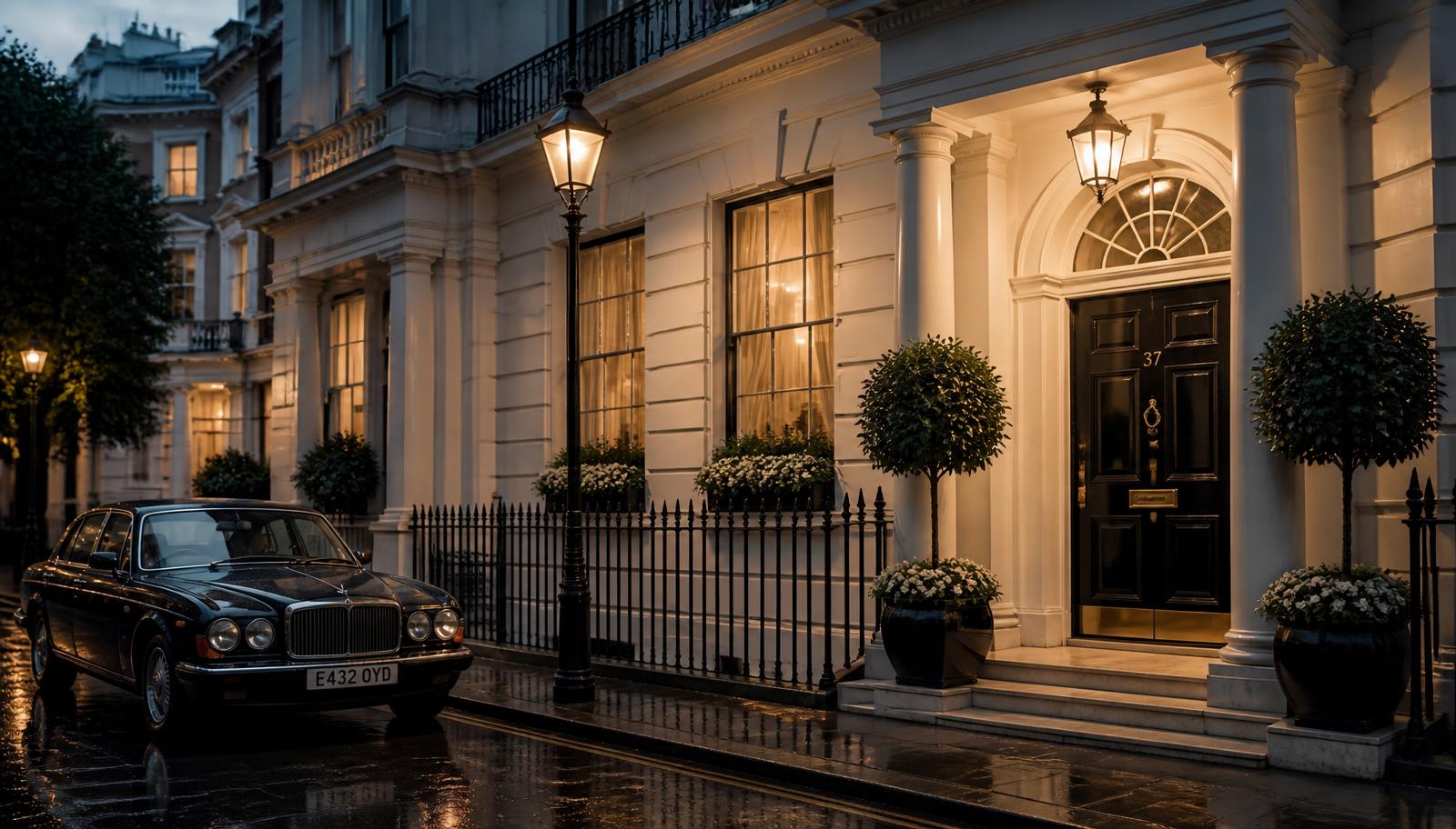 A stuccoed Belgravia townhouse front at dusk with lamplight in the tall windows