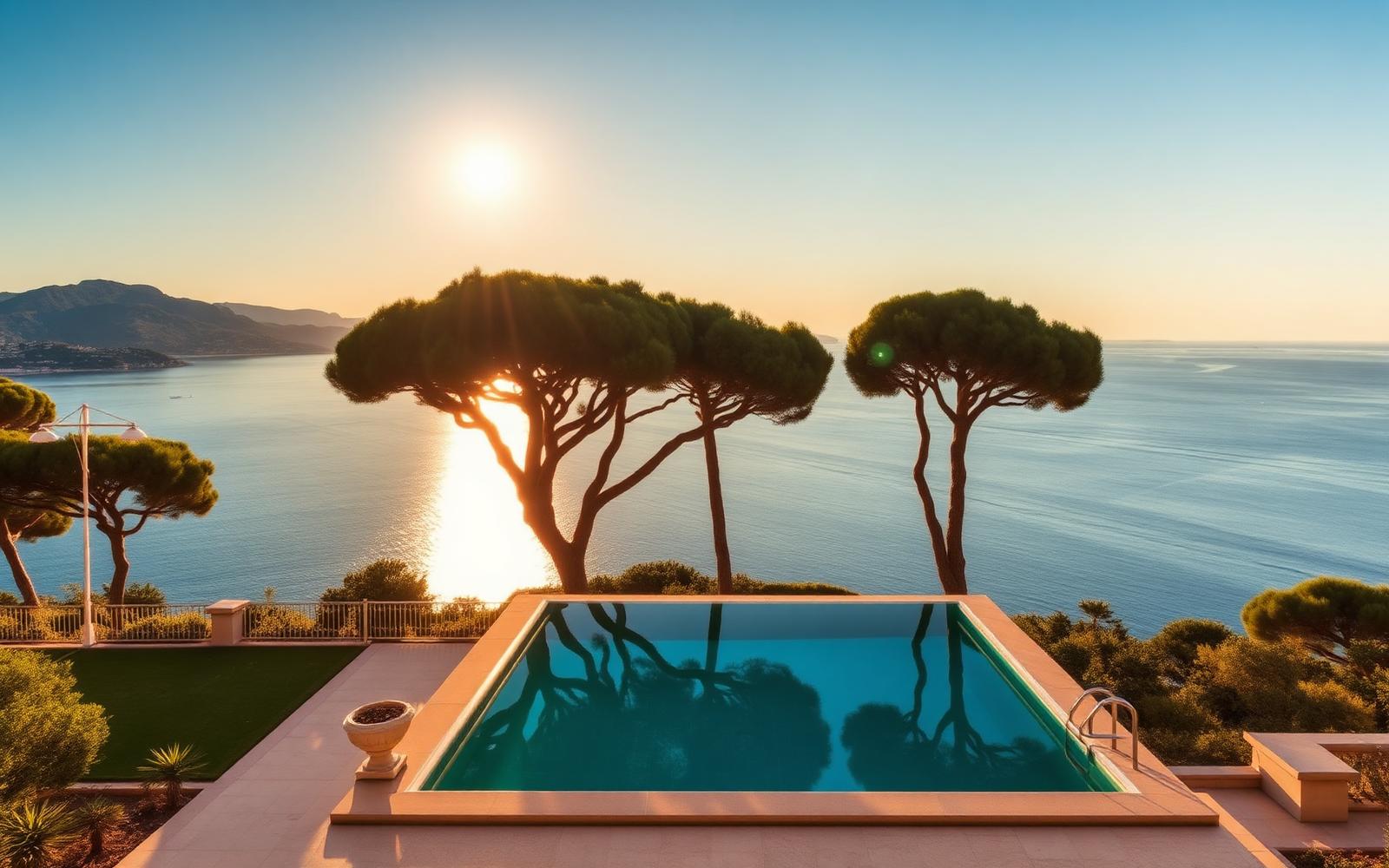 Belle Époque villa with an infinity pool above the Mediterranean at golden hour